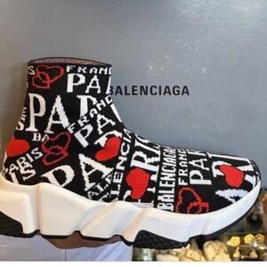 Balenciaga Black Knit Speed Trainer with Red Hearts